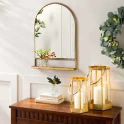 Arched Metal Frame Mirror With Shelf Brass Finish - Hearth & Hand⢠With Magnolia